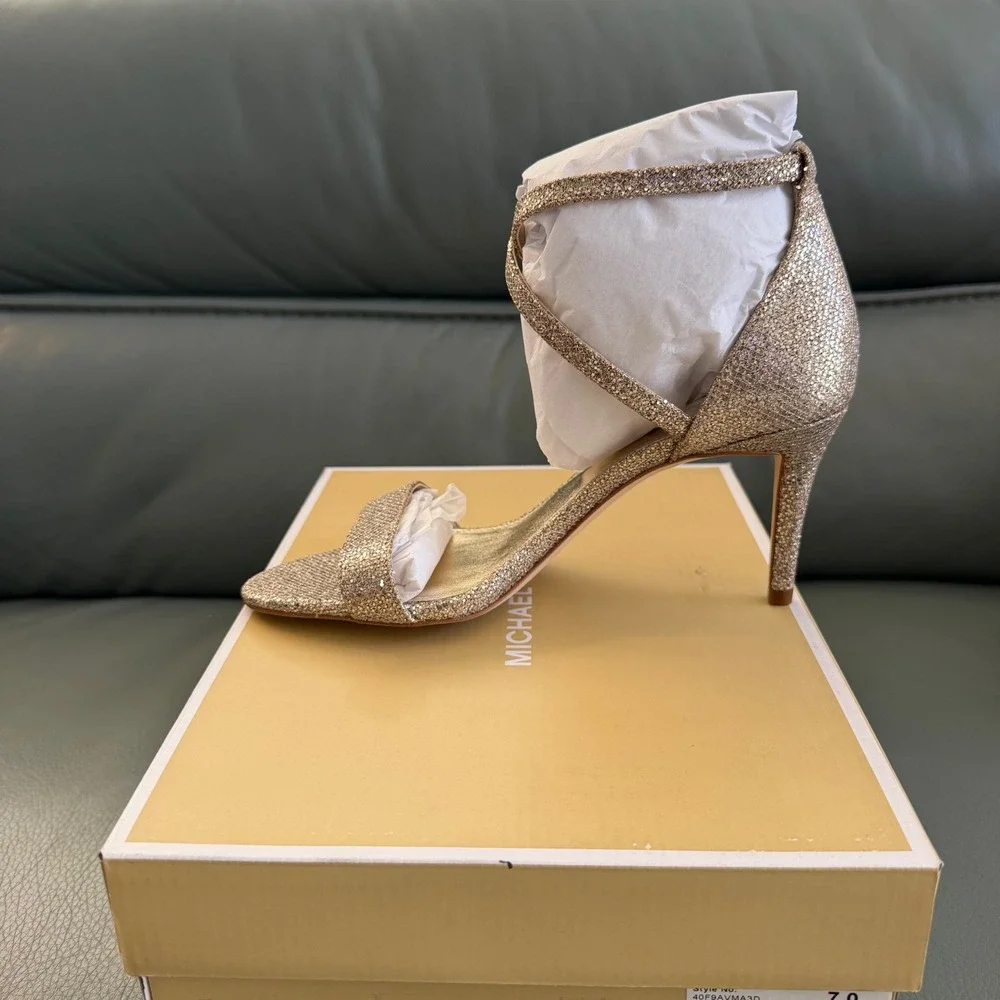 Michael Kors Ava Mid Sandal Glitter Mesh Rose Gold Sand 7M 40F9AVMA3D